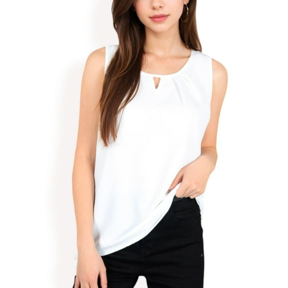 Women's Sleeveless Keyhole Top with Pleated Front Detail and Lightweight Textured Fabric- White,Large