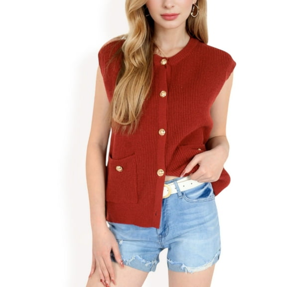 Women's Sleeveless Knit Cardigan Vest with Button Front and Pocket Detail- Red,Small