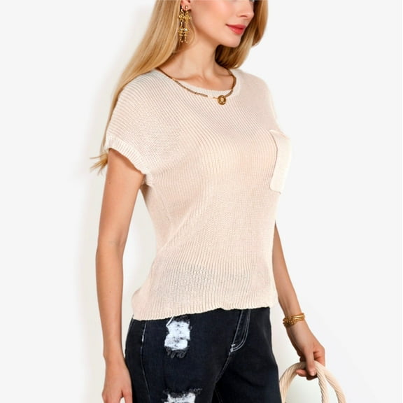Women's Sleeveless Knit Top with Ribbed Texture and Front Patch Pocket- X Large, Beige