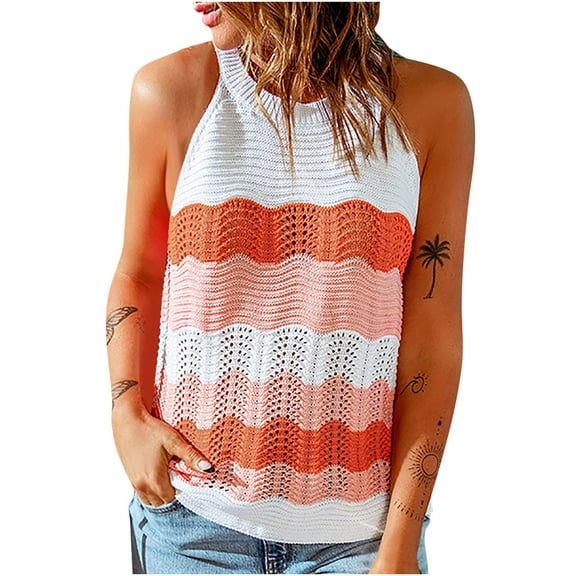 Women's Sleeveless Knitted Sweater Tank Tops Colorblock Round Neck Soft Comfy T Shirts Tanks Blouses for Women