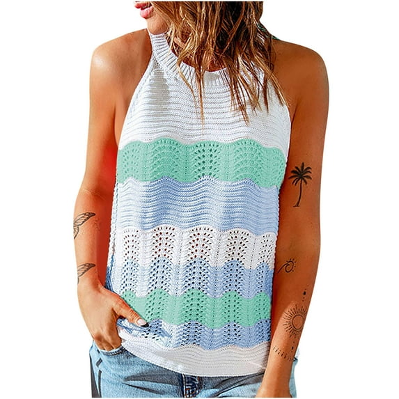 Women's Sleeveless Knitted Sweater Tank Tops Colorblock Round Neck Soft Comfy T Shirts Tanks Blouses for Women