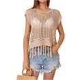thumbnail image 1 of Women’s Sleeveless Knitted Tassel Hem Top Loose Fit Hollow Out Pullover Summer Casual Crewneck Blouse for Daily Wear Khaki L, 1 of 5