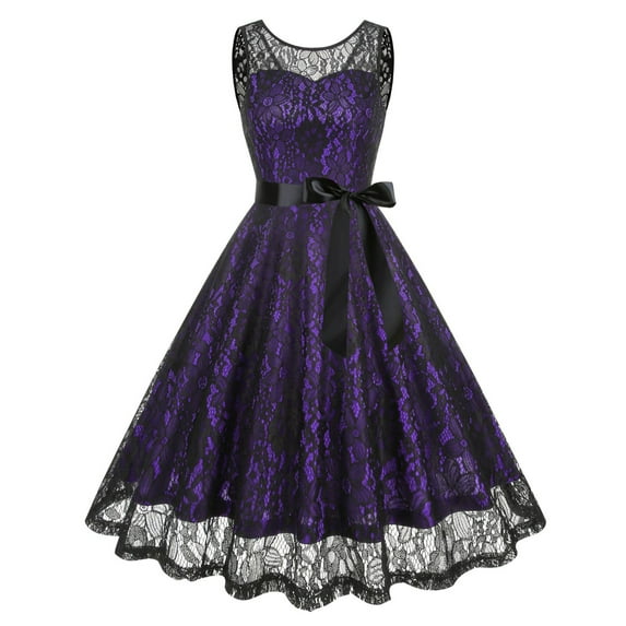 Women's Sleeveless Lace Belted Party Dress A Line Vintage Midi Dress for Evening Purple S