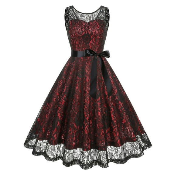 Women's Sleeveless Lace Belted Party Dress A Line Vintage Midi Dress for Evening Red M