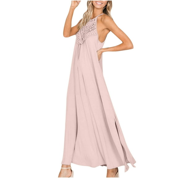 ZQUUVOU Women's Sleeveless Lace Dress Hanging Neck Casual Strap Round Neck Dress Pink