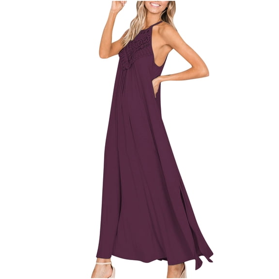 ZQUUVOU Women's Sleeveless Lace Dress Hanging Neck Casual Strap Round Neck Dress Purple
