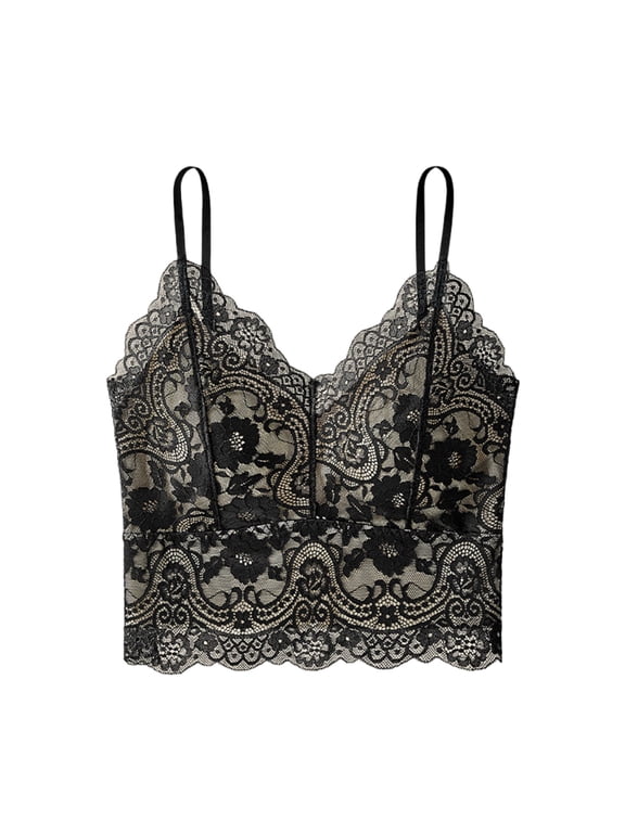 Women's Sleeveless Lace Padded V Neck Cami Crop Top, Summer Floral Mesh Bralette Spaghetti Strap Longline Camisole Slim Fit Scalloped Hem Tank Tops for Date Night