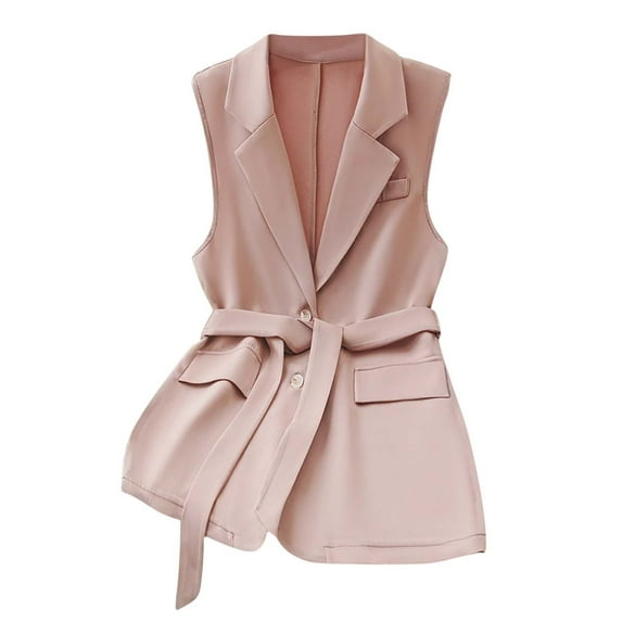 Women's Sleeveless Lapel Belt Blazer Vest Casual Solid Color Button Open Front Work Office Tops Jacket Pockets