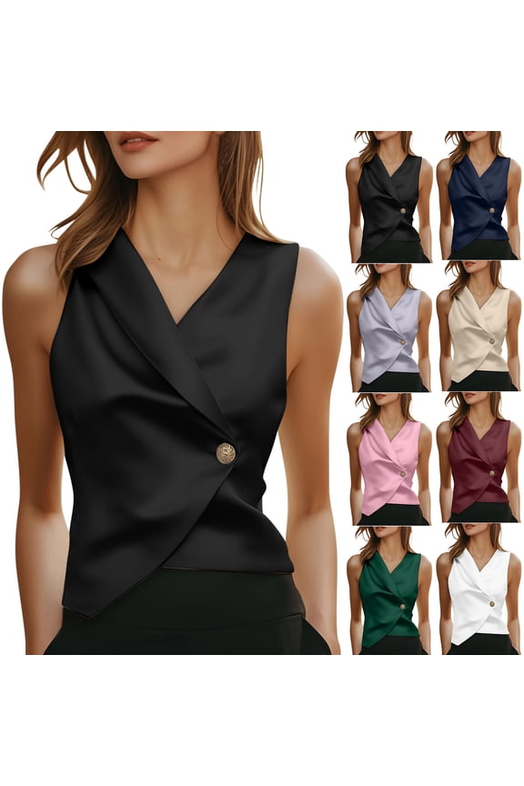 Women's Sleeveless Lapel Satin Blazer Top Coat Jacket for Women Solid Color Button Up Elegant Business Casual Office Work Vacation Travel Fashion Essential | CSEONE,Wine XL