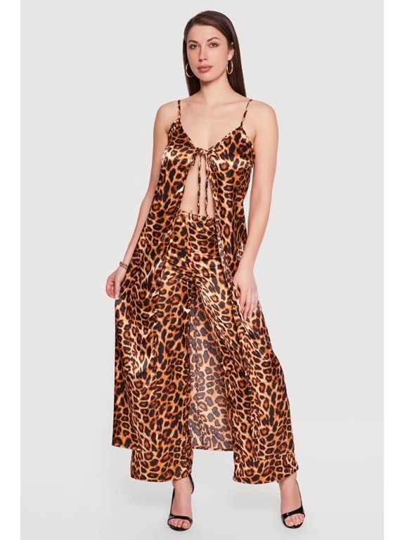 Women's Sleeveless Leopard Print Tie Front Maxi Top