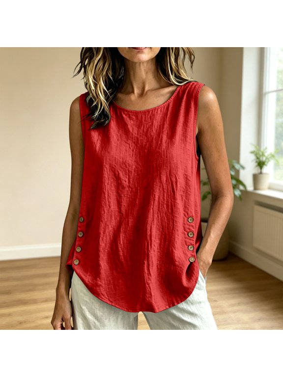 Women's Sleeveless Linen Cotton Tank Top, Solid Color Round Neck Loose Fit Vest for Women, Side Button Decor Casual Cotton Linen Camisole, All Season Daily Wear Women's Sleeveless Tank Red S