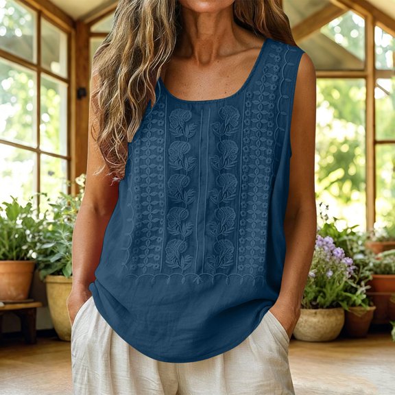 Women's Sleeveless Linen Top with Embroidered Details and Wrinkle Resistant Fabric for Retro Vacation Style and Daily Wear in Plus Size Solid Colors (Navy, X-Large)