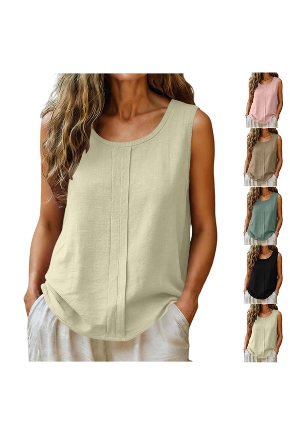 Women's Sleeveless Linen Tops Casual Round Neck Pleated Front Tops Loose Fit Lightweight Cotton Blend Tees Beige S