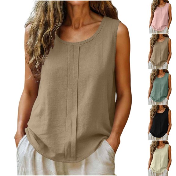 Women's Sleeveless Linen Tops Casual Round Neck Pleated Front Tops Loose Fit Lightweight Cotton Blend Tees Khaki S