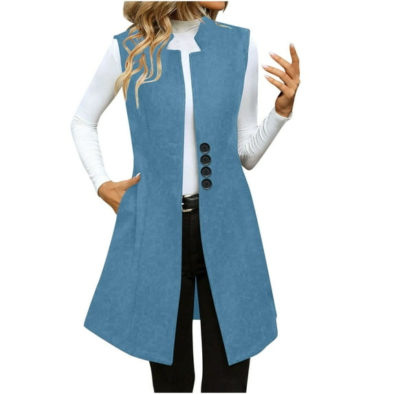 Women's Sleeveless Long Blazer Vest Open Front Elegant Business Work Cardigan Solid Woolen Suit