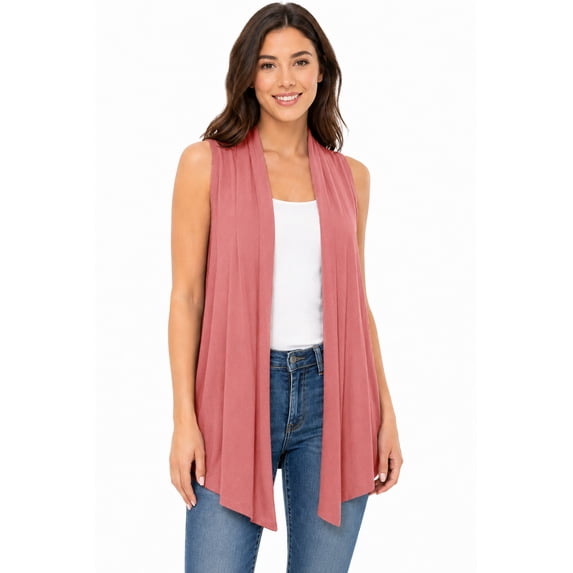 Women's Sleeveless Long Body Open Draped Front Solid Cardigan Vest S-3XL