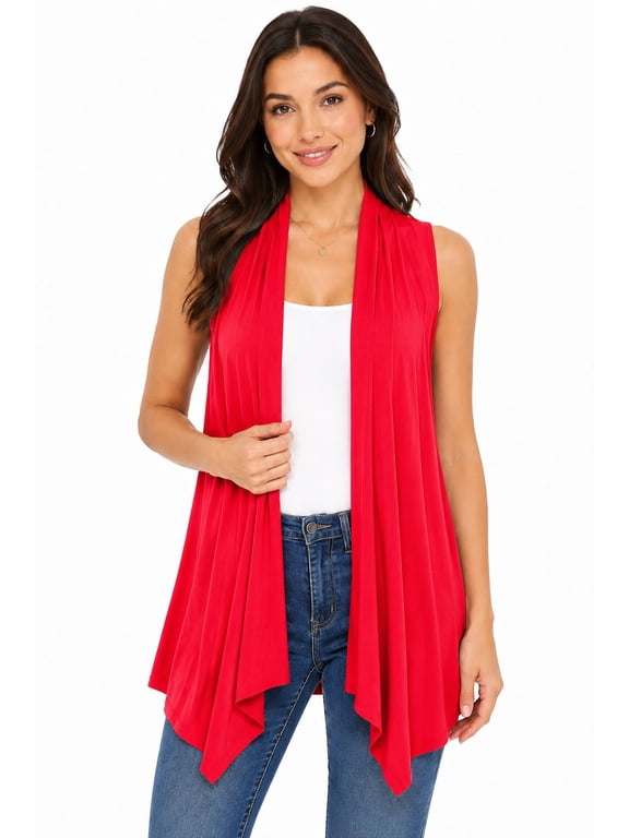 Women's Sleeveless Long Body Open Draped Front Solid Cardigan Vest S-3XL