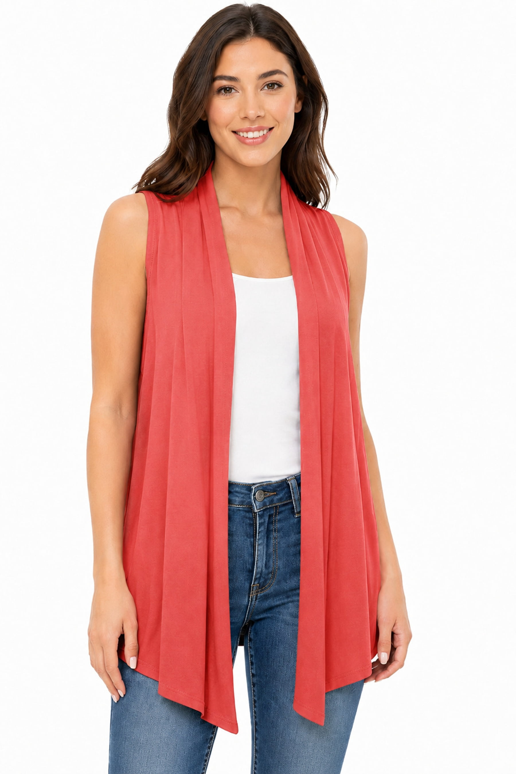 Open Drape Women's Sleeveless Long Body Open Draped Front Solid Cardigan Vest S ...