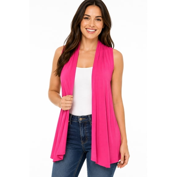 Women's Sleeveless Long Body Open Draped Front Solid Cardigan Vest S-3XL