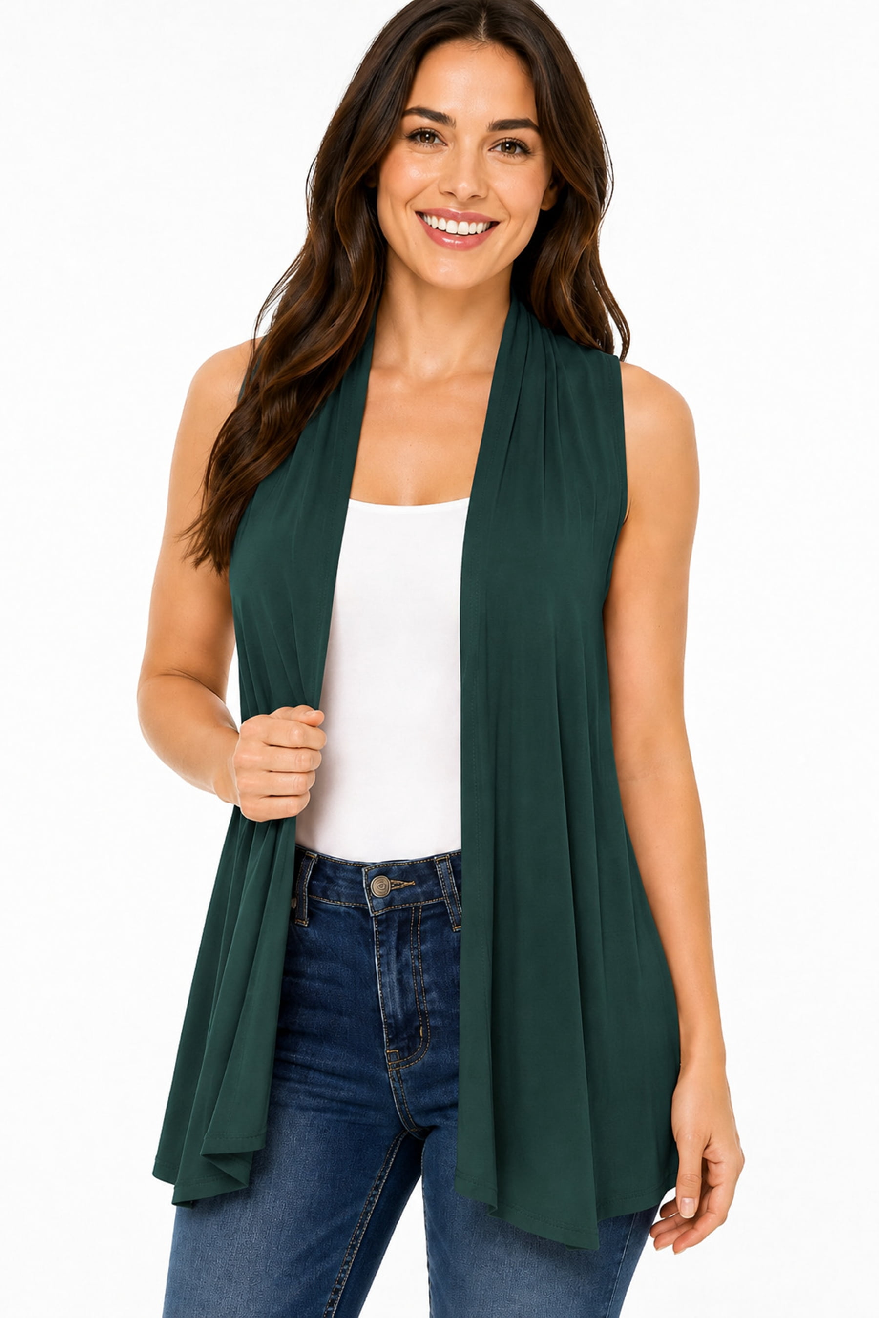 Open Drape Women's Sleeveless Long Body Open Draped Front Solid Cardigan Vest S ...