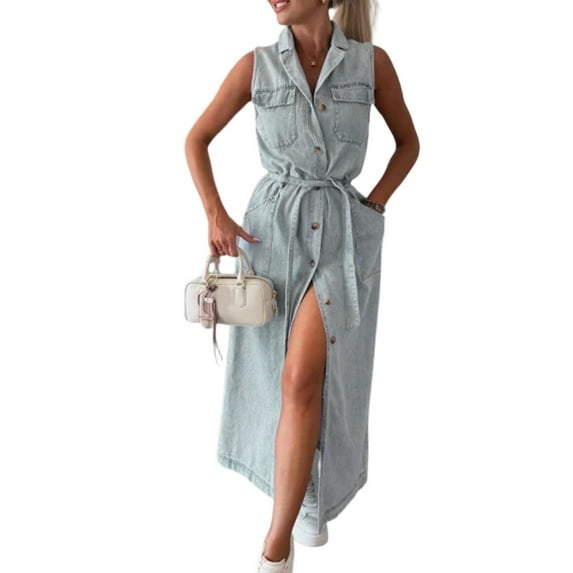 Women's Sleeveless Long Lace-Up Denim Dress, Summer Casual Lapel Solid Button Down Jean Maxi Dresses With Pockets 2025 New