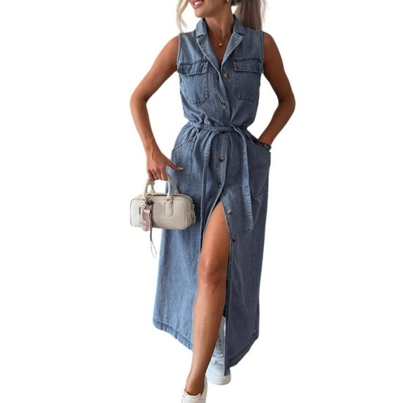 Women's Sleeveless Long Lace-Up Denim Dress, Summer Casual Lapel Solid Button Down Jean Maxi Dresses With Pockets 2025 New