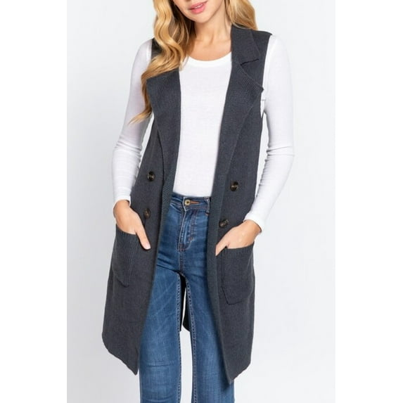 Women's Sleeveless Notched Collar Long Knit Sweater Vest with Side Pockets