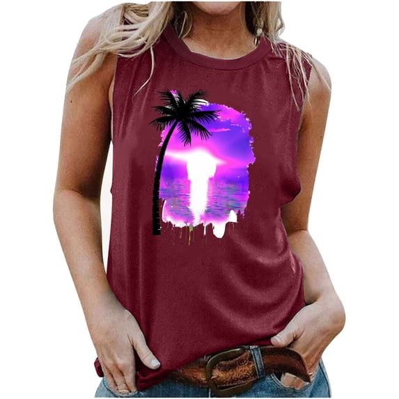 Women's Sleeveless Loose Fit Flowy Tunic Tops Dressy Casual Tops Fashion 2024 Summer Clothes for Teen Girls Crew Neck Vintage Retro Sunset Graphic Tank Tops Elegant Going out Blouse Wine T Shirts M