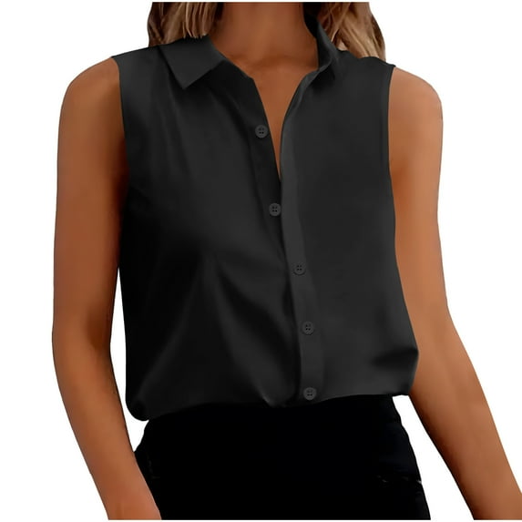 Women's Sleeveless Loose Fit Flowy Tunic Tops Dressy Pleated Tops Solid Color Tank Tops Summer Clothes Elegant Going out Blouse Fashion Vintage Button Down Blouse Collared Black T Shirts XL
