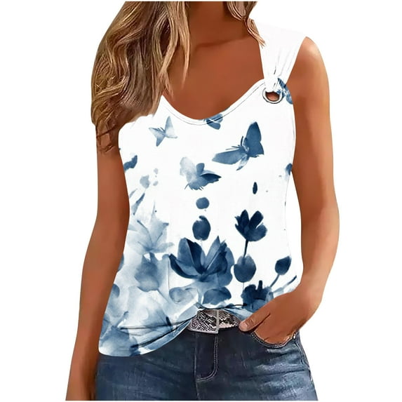 Women's Sleeveless Loose Fit Flowy Tunic Tops Elegant Going out Blouse Vintage Flora Print Tank Tops Dressy Casual Tops for Lady Scoop Neck Fashion 2024 Summer Clothes for Teen Girls White T Shirts M