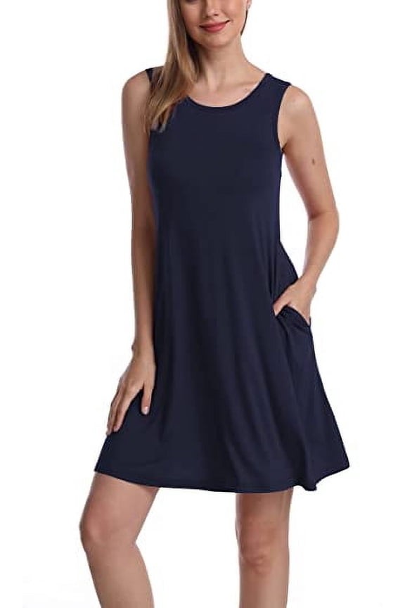 Women's Sleeveless Loose Plain Dresses T Shirt Tank Casual Short Dress with Pockets