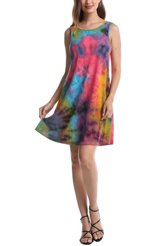 Women's Sleeveless Loose Watercolor Dresses T Shirt Tank Casual Short Dress with Pockets