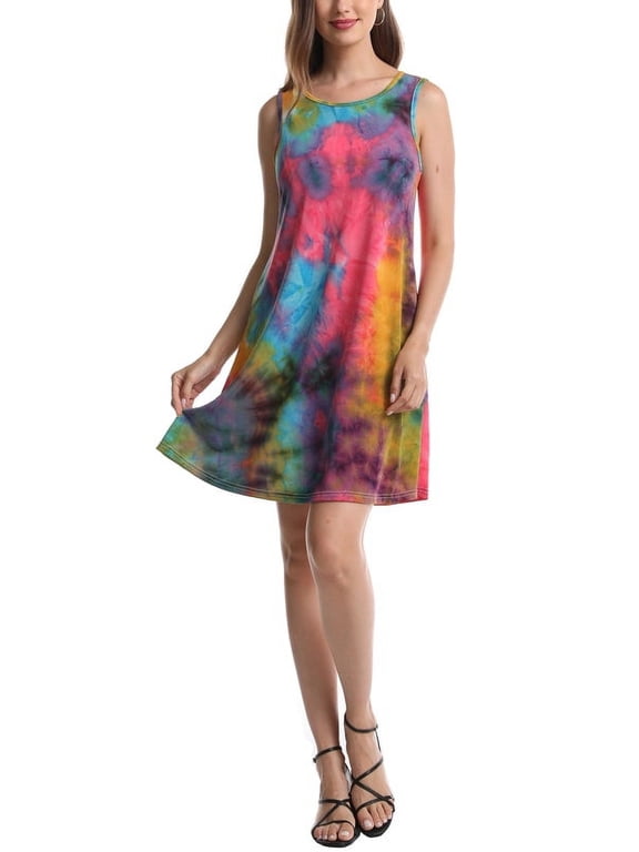 Women's Sleeveless Loose Watercolor Dresses T Shirt Tank Casual Short Dress with Pockets
