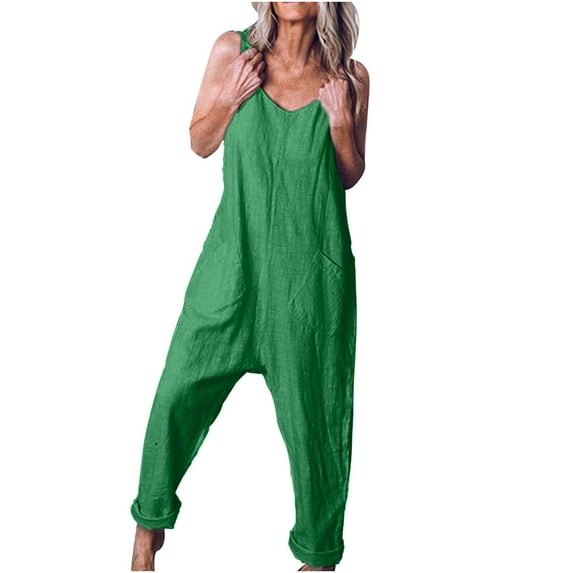 FAVIPT Womens Casual Long Jumpsuits Cotton Linen Sleeveless Pant Overalls Maternity Lightweight Baggy Bib Rompers with Pockets Green,M