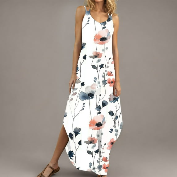 Women's Sleeveless Maxi Dress Summer Floral Long Dresses for Girls V-Neck Sundress with Pockets Vacation Beach Club Casual Homewear Dress Plus Size S-XXL