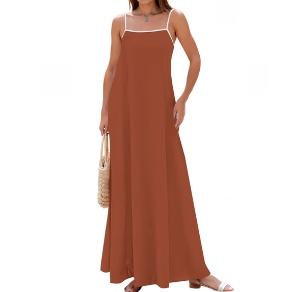 Women's Sleeveless Maxi Dress with Spaghetti Straps, Square Neck Casual Flowing Summer Vacation Beach Dress