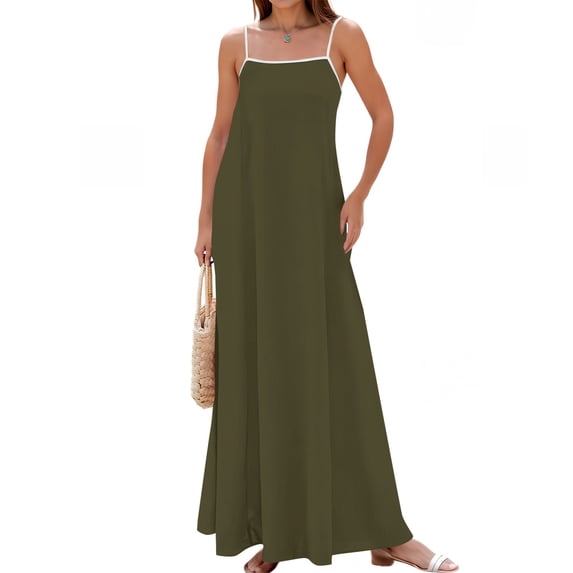 Women's Sleeveless Maxi Dress with Spaghetti Straps, Square Neck Casual Flowing Summer Vacation Beach Dress