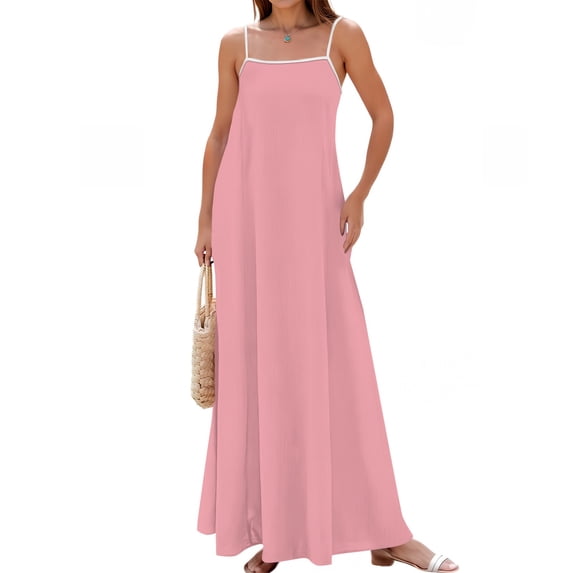 Women's Sleeveless Maxi Dress with Spaghetti Straps, Square Neck Casual Flowing Summer Vacation Beach Dress