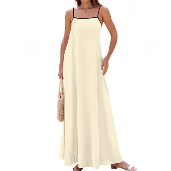 Women's Sleeveless Maxi Dress with Spaghetti Straps, Square Neck Casual Flowing Summer Vacation Beach Dress