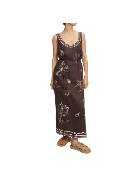 Women's Sleeveless Maxi Dress with Vintage Sea Life Print, Adjustable Tie Waist, Scoop Neck