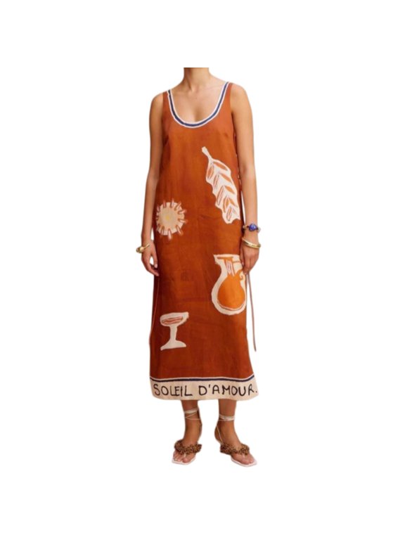 Women's Sleeveless Maxi Dress with Vintage Sea Life Print, Adjustable Tie Waist, Scoop Neck