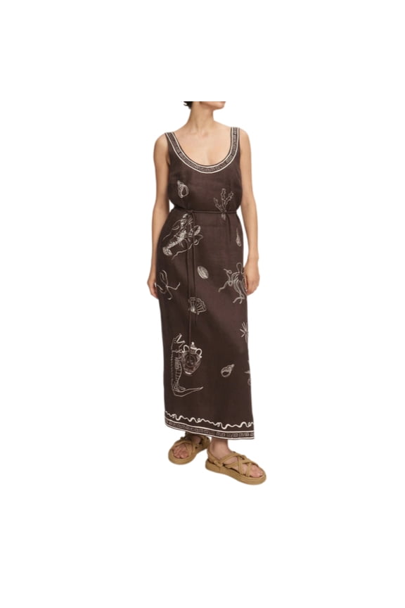 Women's Sleeveless Maxi Dress with Vintage Sea Life Print, Adjustable Tie Waist, Scoop Neck