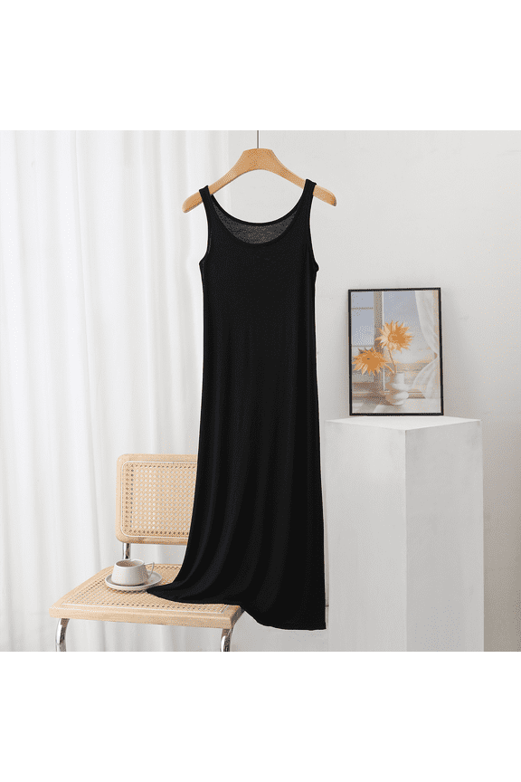 Women's Sleeveless Maxi Slip Dress, Modal Nightgown Dress for Women, Relaxed Fit Long Sleep Dress, Loungewear and Beach Cover Up-Black