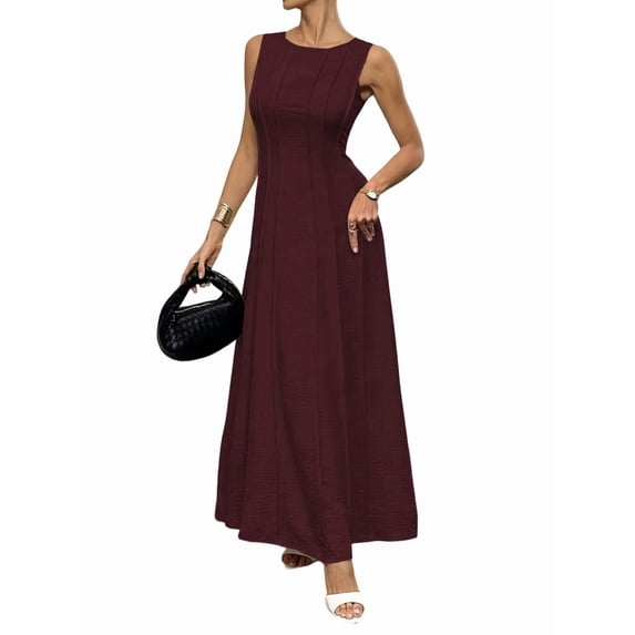Women's Sleeveless Maxi Tank Crew Neck Folds Dresses Formal Line Dress for Party Summer Wine Red XXL