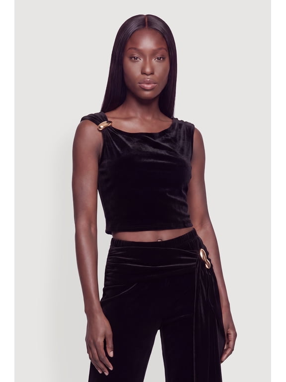 Women's Sleeveless Metallic Detail Velvet Crop Top