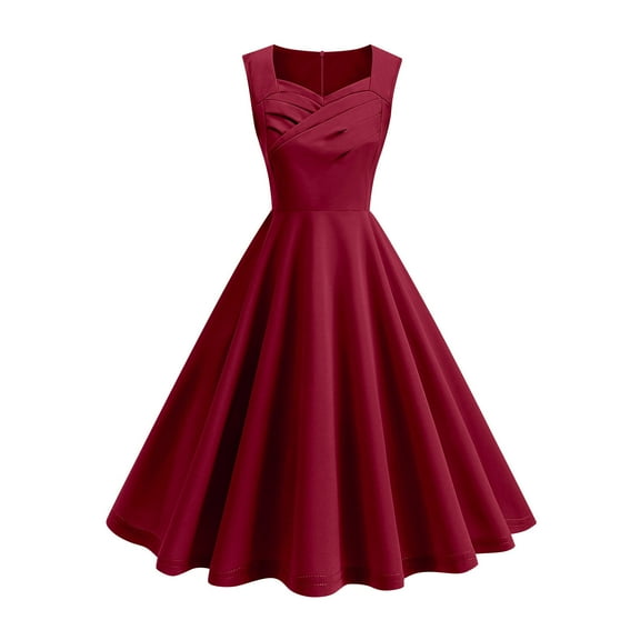Women's Sleeveless Midi Dress A Line Pleated Swing Elegant Business Casual V Neck Dresses Cocktail Solid Outfits