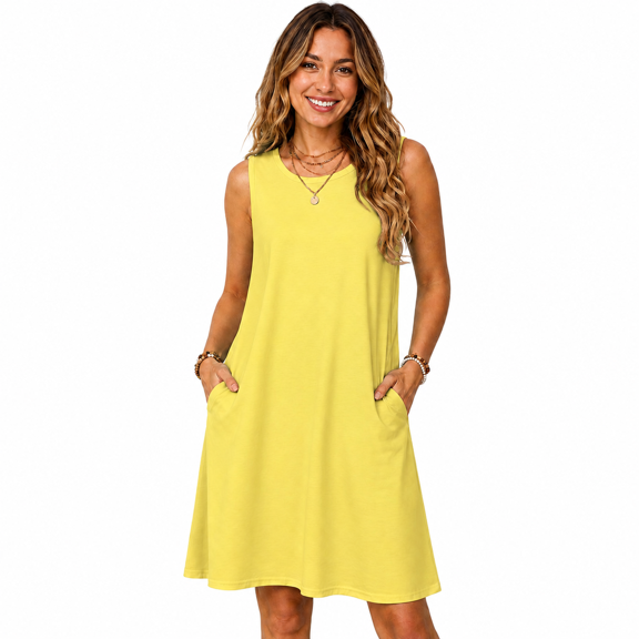 Women's Sleeveless Midi Dress Crew Neck A-Line Casual Swing Dress