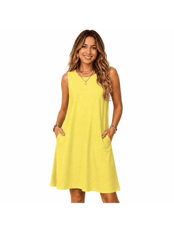 Women's Sleeveless Midi Dress Crew Neck A-Line Casual Swing Dress
