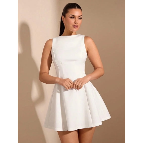 Women's Sleeveless Mini Dress Fitted Waist A-Line Flared Short Dress Elegant Chic Style for Wedding Guest & Party Wear