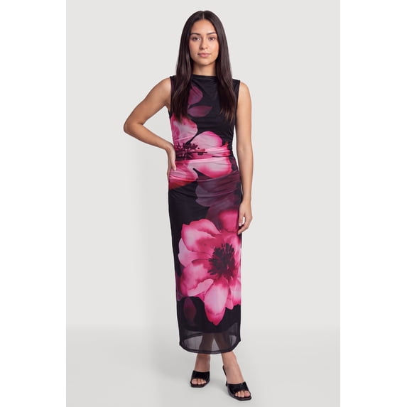 Women's Sleeveless Mock Neck Ruched Floral Mesh Maxi Dress